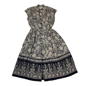 Vtg Patrick silk dress black white floral print short sleeve button down 8